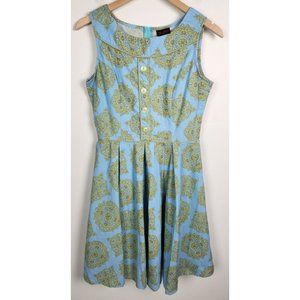 Folter Women's Sz. L Pin Up Blue & Green Sleeveless Fit Flare Dress